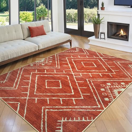 LIVEBOX Western 5x7 Area Rug, Washable Orange Rugs for Living Room Bedroom, Soft Non Slip Moroccan Tribal Rug Geometric Boho Area Rugs Diamond Carpet for Dining Room Home Office Decor (Brick Red) - color: Brick Red, size: 5‘ x 7'