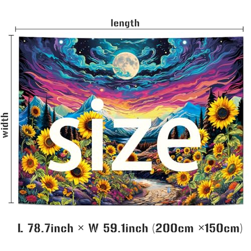 Dermijer Blacklight Moon Sunflower Tapestry Starry Night Mountian UV Reactive Wall Hanging Tapestries Galaxy Space Nature Landscape Tapestry for Home Decor 78.7L x 59.1W - size: 78.7"L x 59.1"W