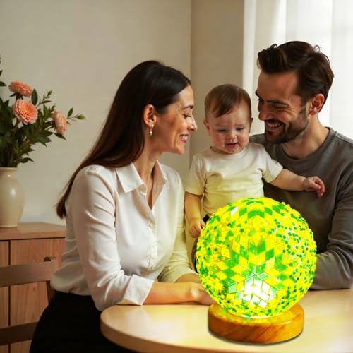 Table Lamp Turkish Mosaic Glass Night Light Bohemian Spherical Decorative Lamp for Dining Room Ambient Lighting Thanksgiving Party Living Room Decor Unique Home Gift (Boho-Green, Boho)4.72"*5.31" - style: Retro