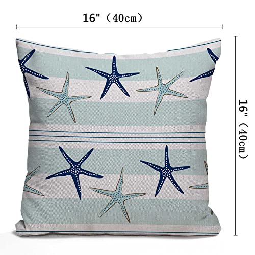 Nphuriy Coastal Navy Blue Pillow Cover, Coastal Starfish Repeat Pattern Navy Turquoise Square 16 x 16 Inches Decorative Throw Pillow Cover Cotton Linen Cushion for Sofa Bedroom Car, Blue - color: Multi 37