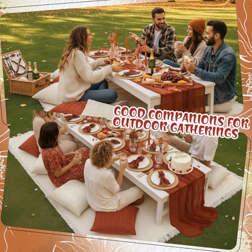 Beeveer 91 x 71 Extra Large Outdoor Boho Picnic Blanket with Terracotta Table Runner, 6 Throw Pillow Covers 6 Napkins Woven Cotton Yarn Oversize Beach Blanket Washable Picnic Camp Wedding - color: Terracotta