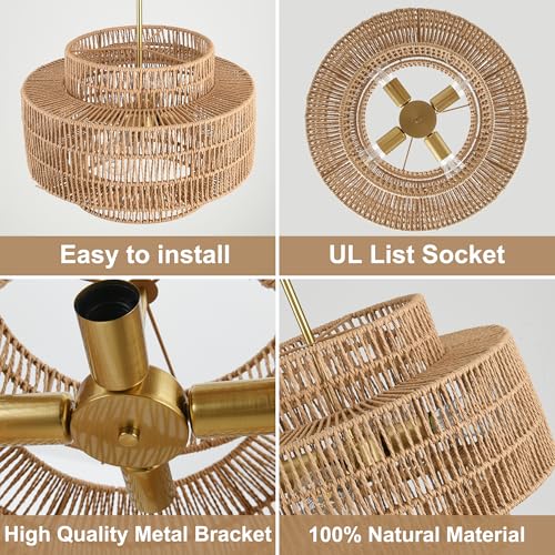 17.7"Boho Rattan Chandelier Light Fixture,4-Light Hand Woven Wicker Pendant Light Fixture Farmhouse Rustic Hanging Ceiling Lamp for Kitchen Island Bedroom, Dining Room, Living Room, Entryway, Foyer - style: Boho-Round-17.7in