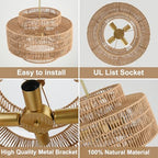 17.7"Boho Rattan Chandelier Light Fixture,4-Light Hand Woven Wicker Pendant Light Fixture Farmhouse Rustic Hanging Ceiling Lamp for Kitchen Island Bedroom, Dining Room, Living Room, Entryway, Foyer - style: Boho-Round-17.7in