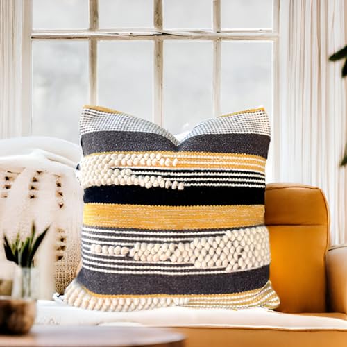 Decorative Boho-Chic Textured Square Pillow Cover 18" x18” Handwoven Throw Pillows for Couch, Sofa or Bed with Tufted Accents Wool/Cotton, Neutral Farmhouse Home Decor Black/Yellow - color: Black/Grey