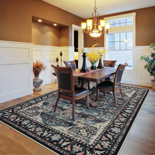 Amearea Vintage Design Navy Blue Area Rugs for Living Room, 4x6 Machine Washable Floral Collection Traditional Bedroom Rug, Low Pile Dinning Room Carpet, No Slip Office Kitchen Home Decor, Navy Blue - color: Dark Blue, size: 4' X 6' (Rectangular)