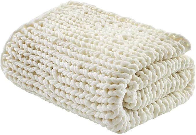 Madison Park Boho Throw, Soft Blanket Handmade Gift Home Decor, Lightweight & Breathable All Seasons Spring Chunky Knit, Knitted Throw for Couch, Bed Blanket, 50"x60", Ivory