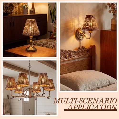 Set of 6 Rattan Lamp Shade Natural Rattan Clip-on Chandelier Lampshade Mini Handmade Woven Vintage Boho Farmhouse Wicker Table Light Cover for Candle Bulb (Round)