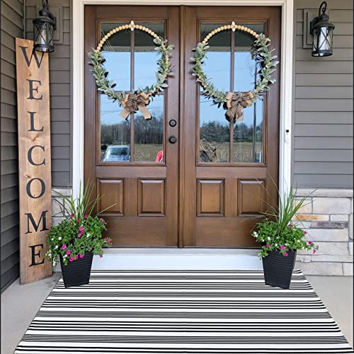 Black and White Striped Outdoor Rug Front Porch Rug 35.4''x59'' Cotton Hand-Woven Welcome Mats Layered Door Mats for Front Porch/Entryway/Laundry Room/Bedroom/Outdoor (35.4''x59'') - color: Black&white Stripe S, size: 3' x 5' (Rectangular)