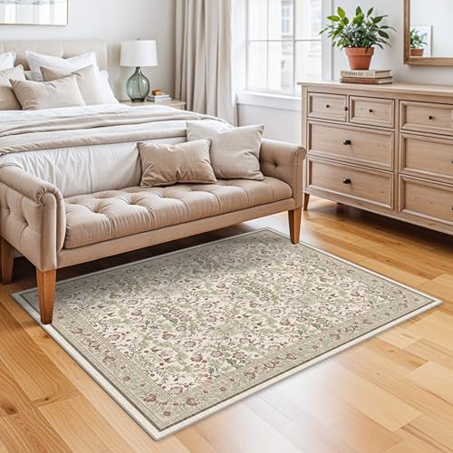 4x5 Rug Entryway Washable: Non-Slip Floral Area Rug for Bathroom Kitchen- Farmhouse Low Pile Stain Resistant Carpet Long Thin Front Door Mat (4x5 Off-White/Green/Multi) - color: Off-white, size: 4' x 5' (Rectangular)