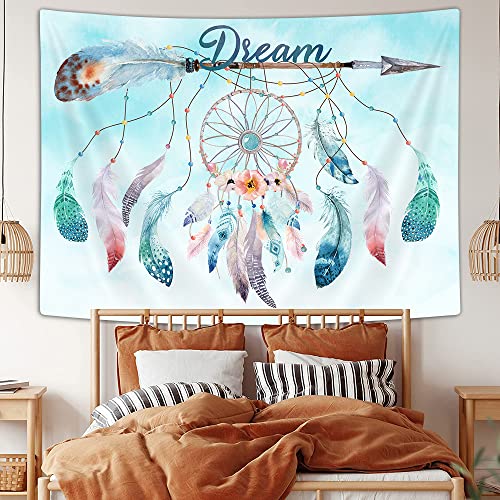 Dream Catcher Feather Large Tapestry, Native American Arrow Dreamcatcher Tapestry Wall Hanging for Teen Girl Bedroom, Blue Teal Bohemian Tapestries Living Room College Dorm Home Decor (80W X 60H) - color: Dream Catcher, size: 80"L x 60"W
