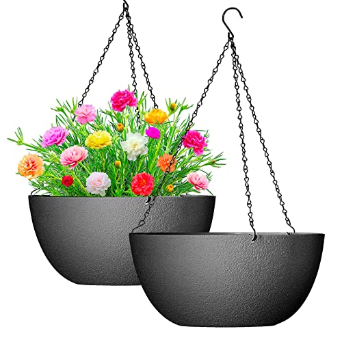 WOUSIWER 13 inch 2Pack Large Hanging Planters for Outdoor Indoor Plants with Drainage Holes and Chain, Round Hanging Flower Pots for Garden Home Porch Decor, Black - color: Black