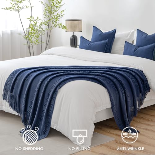 MIULEE Navy Blue Knitted Throw Blanket for Couch Textured Knit Blanket with Tassels Cozy Woven Boho Bed Blanket for Sofa Bed Chair Acrylic Wave Pattern 50"x60" - color: Navy Blue, size: 50" x 60"