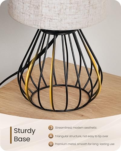 Small Bedside Table Lamp, Black Table Lamp with Metal Cage & Linen Lampshade, Modern Cute Desk Lamp, Cozy Nightstand Lamp for Bedroom, Living Room, Office, 2700K LED Bulb Included, E06TL05 - color: Beige + Black