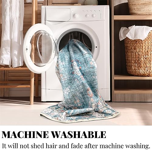 MUJOO Teal Area Rug Small Rugs Boho Machine Washable Rugs Non Slip for Entryway Kitchen Bathroom Bedroom Vintage Soft Low-Pile 2'x3' Blue Flowers Colorful - color: Teal, size: 2' x 3' (Rectangular)