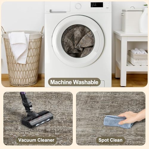 2x8 Runner Rug Grey Brown Vintage Washable Runner Rugs for Hallway Kitchen Low Pile Non-Slip Retro Distressed Accent Throw Carpet for Entryway Bathroom Bedroom Antique/Moss - color: Brown Grey, size: 2'*8'(Runner)