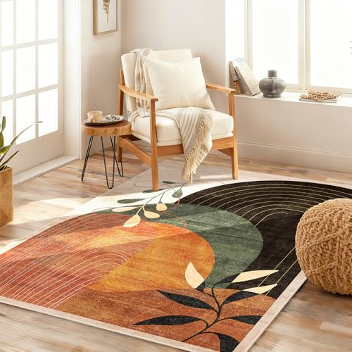 MUJOO 3x5 Washable Rugs,Boho Large Area Rug for Entryway Kitchen Entry Bedroom Bedside Foyer,Small Throw Carpet Indoor Non Slip Mid Century Modern Abstract Botanical Geometric Accent Terracotta - color: Terracotta（modern）, size: 3' x 5' (Rectangular)