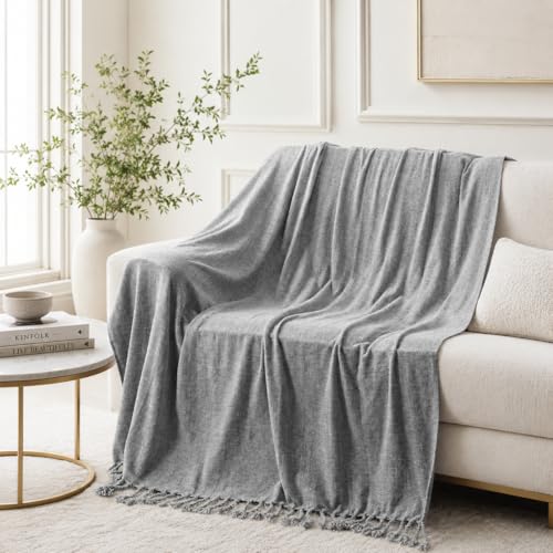 BATTILO HOME Light Gray Chenille Throw Blanket for Couch, Soft Cozy Textured Knit Throw Blanket with Handmade Fringe Tassels, Lightweight Decorative Farmhouse Blanket for Sofa Bed Chair, 50"x60" - color: Light Grey