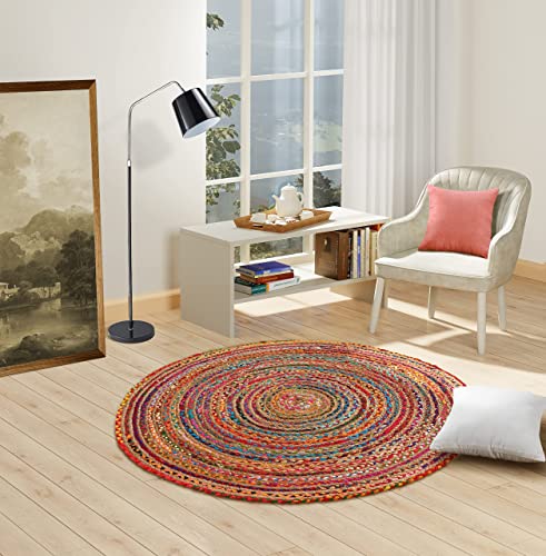 GRUHUM Handwoven 10'feet Jute Cotton Round Area Rug Natural Multi Chindi Boho Colorful Rustic Vintage Soft Braided Reversible Bohemian Rug Indoor EcoFriendly Kitchen Bedroom Living Room 10' ft Circle - color: Multi Color- 06, size: 10' (Round)