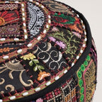 Sophia-Art Indian Embroidered Patchwork Cover Indian Decorative Comfortable Floor Cotton Cushion Ottoman Pouf, Designs Ethnic Patchwork Pouf (Black, 14"x22") (Cover Only)