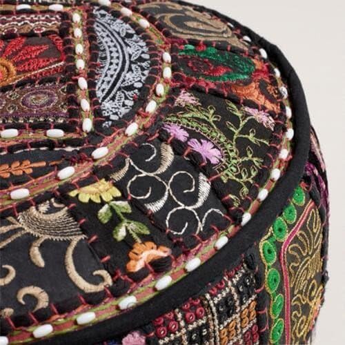 Sophia-Art Indian Embroidered Patchwork Cover Indian Decorative Comfortable Floor Cotton Cushion Ottoman Pouf, Designs Ethnic Patchwork Pouf (Black, 14"x22") (Cover Only)