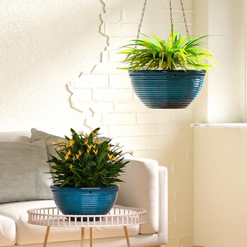 Vanslogreen 2 Pack Hanging Planters for Indoor Outdoor Plants, 10 Inch Hanging Planter with Drainage Hole & Plug Glazed Hanging Baskets Flower Pots for Garden Home (Blue) - color: Blue, size: 10inch