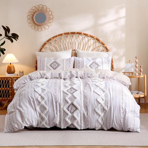 Herside Light Brown 100% Cotton Duvet Cover Set King Size, 3-Piece Tufted Textured Modern Boho Moroccan Bedding, Aztec Geometric Farmhouse Comforter Cover with 8 Corner Ties & Double Zipper - color: Light Brown, size: King(No Comforter)