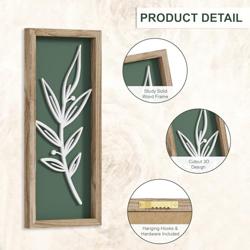 3D Wooden Leaf Sage Green Boho Wall Art (Set of 2) Lightweight, Vintage Framed Bathroom Botanical Wall Art for Bedroom, Living Room, Kitchen,Office and Hallway Decorations - color: Tree leaf Green (Set of 2)
