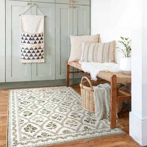 Green and Beige Rugs 4x6 Nursery Area Rugs Washable for Living Room, Christmas Faux Wool Soft Floral Boho Vintage Indoor Carpet for Bedroom, Dark Emerald Olive Green Flower and Leaf - color: Olive / Beige, size: 4' x 6' (Rectangular)