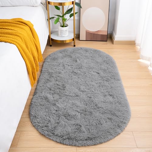 Goideal Fluffy Bedroom Rug, Small Oval Area Rugs, Gray Shag Bedside Carpet for Kids Room Nursery Dorm Cute Fuzzy Indoor Decor for Boy and Girl, 2.6 x 5.3 Feet - color: Grey