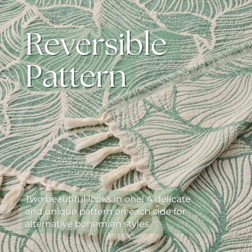 DOWN HOME Chenille Cotton Throw Blanket for Couch, Lightweight Boho Blanket for Bed Sofa Chair Living Room Outdoor Soft Woven Decorative Blanket with Tassel Gift Green Leaves 50"x70" - color: Green, size: 50"x70"