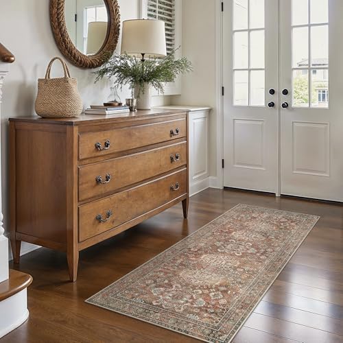 Bavni 2x5 Rug Runner, Washable Runner Rug Non Slip, Vintage Ultra Thin Low Pile Hallway Runner Rug for Kitchen Entryway Bedroom, Brick - color: Brick, size: 2' x 5' (Rectangular)