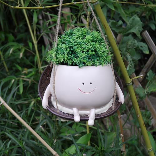 bestbear Hanging Swing Chair Planter Pot Resin Smiley Face Planter for Indoor Outdoor Plant Cute Head Flower Pots for String of Pearls Plant Live Unique IdeaI for Mother Day, Christmas (Large) - size: Large