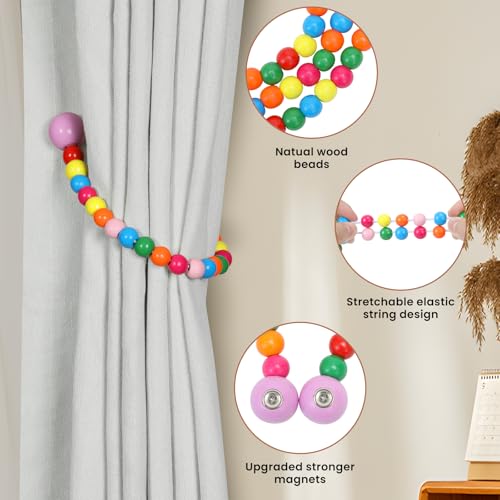 KLOGTSIND Magnetic Curtain Tiebacks, Curtain Tie Backs for Curtains 2 Pack, Wood Bead Curtain Tiebacks, Curtain Holders for Boho Bedroom Decor, Baby Nursery Decor, Farmhouse Décor - color: Multicolor