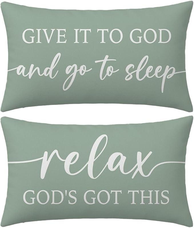 Decorative Throw Pillow Covers 12x20 Inch Set of 2 – Deep Sage Christian Lumbar Pillowcase – Give It to God and Go to Sleep/Relax God’s Got This – Spring Summer Faith Bedroom Bed Decor