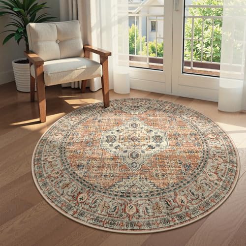 Lahome Oriental Washable Round Rugs, Non-Slip Round Rug 4ft Ultra-Thin, Vintage Soft Small Circle Carpet for Entryway Kitchen Bedroom Nursery Bathroom Eleanor, Peach/Orange - color: Terracotta, size: 4'(Round)