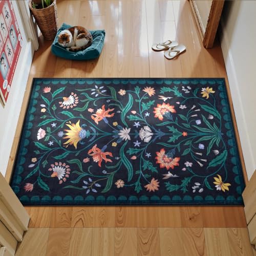 Lahome Boho Floral 2x3 Washable Kitchen Rugs for Entryway, Blue Door Mat Indoor Entrance, Small Soft Non-Slip Indoor Carpet Throw Rugs for Bathroom Laundry(Dark Blue,2x3) - color: Dark Blue, size: 2' x 3' (Rectangular)