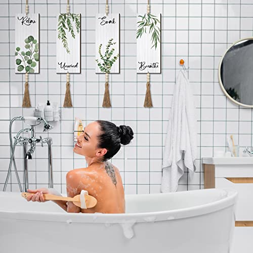 Qunclay 4 Pieces Boho Wall Decor for Bathroom 12 x 5 Inch Relax Soak Unwind Breathe Bathroom Sign with Beads Leaf Print Minimalist Botanical Wall Art Farmhouse Wooden Hanging Art(Green,Plant) - color: Green