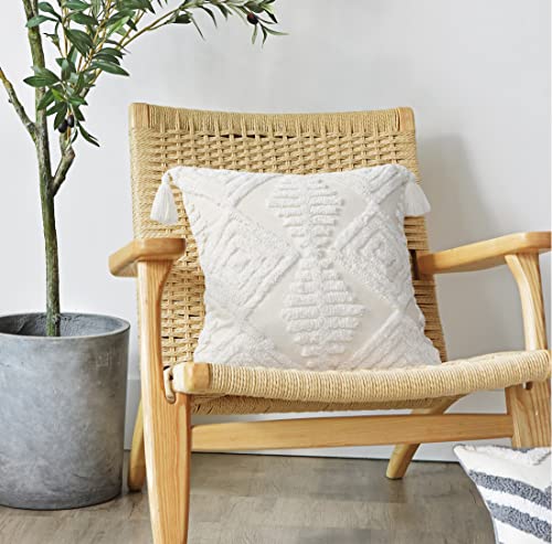 Boho Sofa Throw Pillow Covers – Exquisitely Crafted with Hand-Finished Tuft with Thick Cotton Tassel Details – Soft & Stylish Moroccan Decorative, 18x18inch (Spring Ruched) - color: Boho Cream, size: 18" x 18" (Pack of 1)