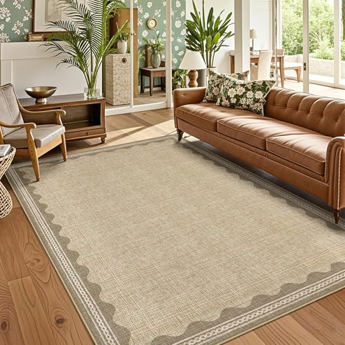 Garvee Modern Bordered Rugs for Living Room 8x10 Large Washable Rug Non Slip Low Pile Ultra Soft Carpet Foldable Non Shedding Stain Resistant Floor Cover for Bedroom Playroom Nursery Office Dorm Jute - color: Border Jute, size: 8' x 10' (Rectangular)