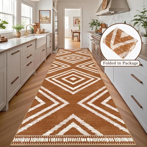 3x16ft Boho Hallway Runner Rugs Washable Non Slip, Long Brown Entryway Rug Runners Non Shedding, Geometric Kitchen Floor Carpets for Doorway Entrance Farmhouse Living Room Home Decor - color: Brown, size: 3' x 16' (Rectangular)
