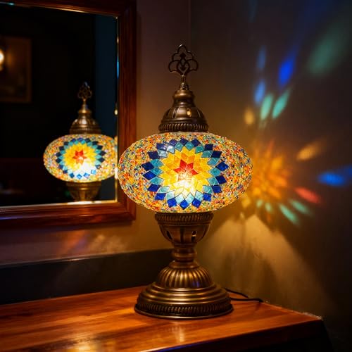 Turkish Mosaic Lamp with Bulb – Handmade Star Fire Stained Glass Table Light, Antique Bohemian Vintage Decor for Bedroom or Living Room, E12 Socket - color: Star Fire