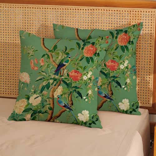 Green Chinoiserie Pillow Covers 16x16 Inch 2 Pcs Vintage Floral Birds Decor Throw Pillows Boho Flower Seasonal Spring Summer Outdoor Decoration Pillowcase Linen Cushion Cover for Couch - color: Green Boho Floral Birds, size: 16" x 16" (Pack of 2)