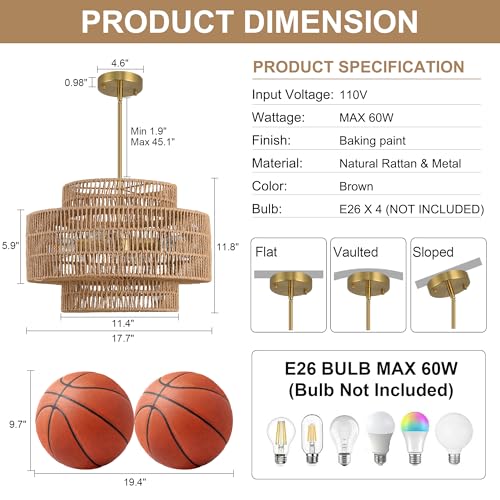 17.7"Boho Rattan Chandelier Light Fixture,4-Light Hand Woven Wicker Pendant Light Fixture Farmhouse Rustic Hanging Ceiling Lamp for Kitchen Island Bedroom, Dining Room, Living Room, Entryway, Foyer - style: Boho-Round-17.7in