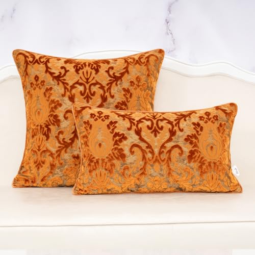 Alerfa Boho Orange Floral Throw Pillow Cover 18x18 Inch Cut Velvet Sqaure Luxury Embroidered Decorative Pillow Cover for Couch Living Room Bedroom - color: Orange, size: 18" x 18" (Pack of 1)