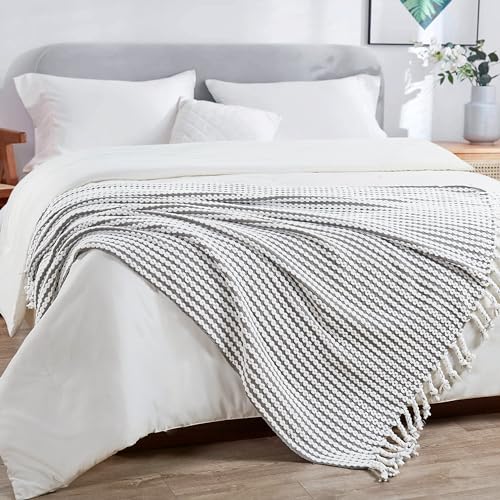 Striped Knit Throw Blanket with Braided Tassels 50" x 60", Hand Knitted Soft Chunky Chain Design Boho Farmhouse Blanket, Two Tone Tassel Decor Throw for Couch Bed Sofa Outdoor, Gray White - color: Gray White