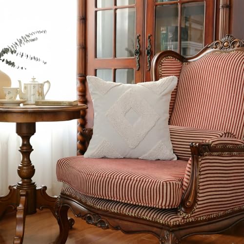 Snugtown 18 x 18 Inches Pack of 2 Woven Tufted Boho Throw Pillow Cover, Cream Modern Decorative Geometric Cushion with, Farmhouse Tribal Pillowcase for Couch Sofa Bedroom Living Room, Off White
