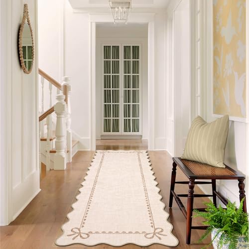 GarveeHome Scalloped Bow Rug for Living Room, Solid Beige Rug for Dorm, Washable Runner Rug 2.5x10 Soft Low Pile Non Slip Scalloped Rugs for Nursery Bedroom Decor Hallway Entryway Playroom - color: Beige, size: 2'6" x 10' (Rectangular)