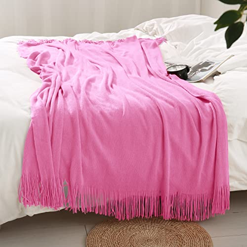 Homiest Decorative Knitted Throw with Fringe, Lightweight Acrylic Knit Blanket - Soft & Cozy Tassel Blanket for Couch, Sofa, Bed (Hot Pink, 50 x 60 Inch) - color: Hot Pink, size: 50" x 60"