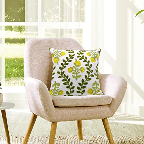 Alysheer Floral Embroidered Summer Decorative Throw Pillow Cover 18"x 18" Set of 2, Farmhouse Cottage Yellow Flower Green Leaves Patterned Cotton Cushion Case for Couch Bed Living Room Outdoor Decor - color: Yellow, size: 18" x 18" (Pack of 2)