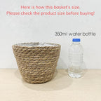 Small Basket Planter 7.1" x 5.9" Seagrass Containers, Hand Woven Wicker Cover Storage, Stylish Plastic Liners Straw Flower Jute Pots for Outdoor Indoor Use Mums Front Porch Room Decoration